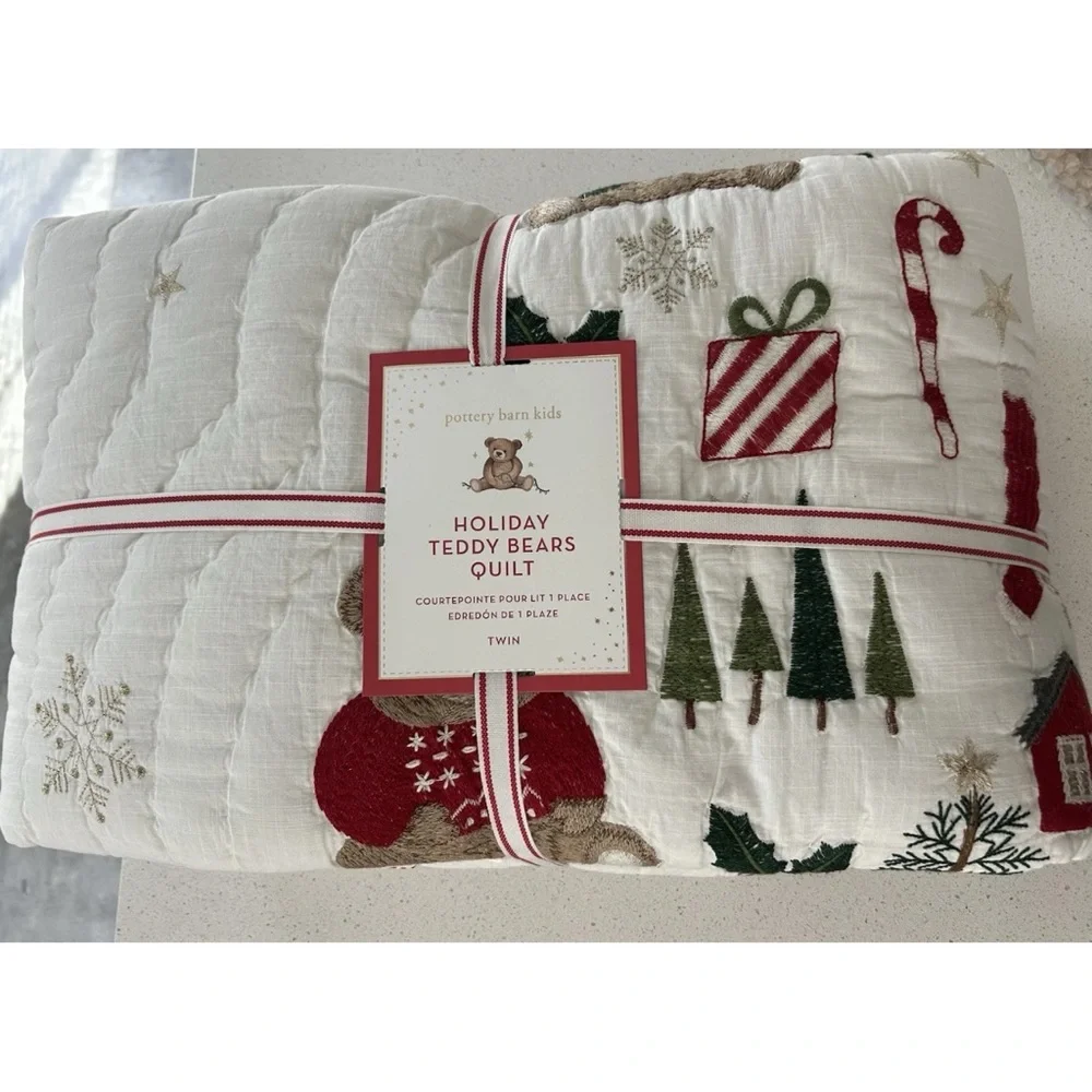 Pottery Barn Kids Teddy Bear Holiday TWIN Quilt & Pillow Sham NEW